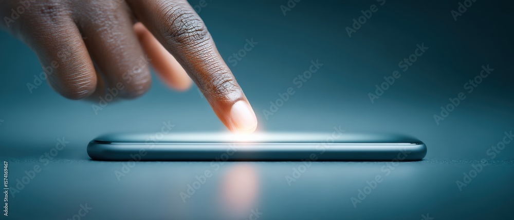 Poster user interaction with mobile device modern workspace digital engagement indoor setting close-up view