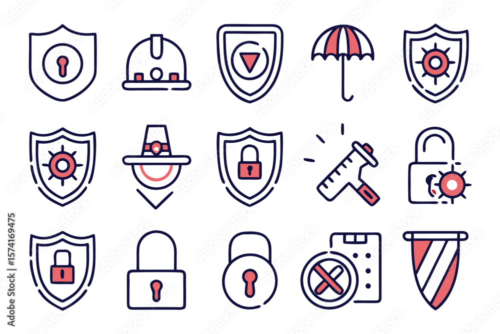 Poster collection of essential safety and security symbols presented in a refined minimalist thin line grap