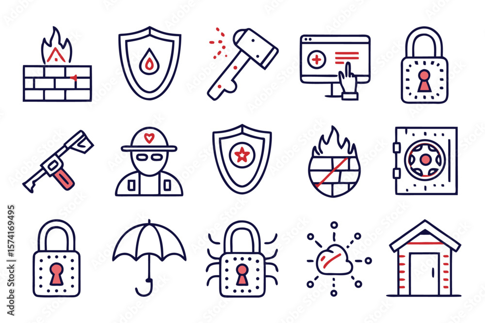Poster comprehensive collection of thin line symbols representing safety security and protection concepts f