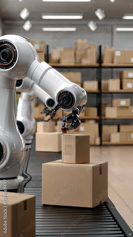 Poster robotic arms sorting boxes in a modern warehouse environment at midday