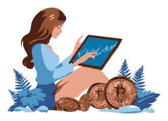 Young Woman Analyzing Cryptocurrency Trends on Digital Tablet