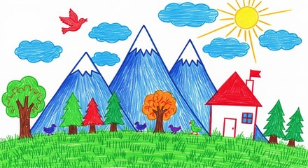 Naklejka premium Colorful whimsical childlike drawing of a mountain scene with birds, trees, and a small house