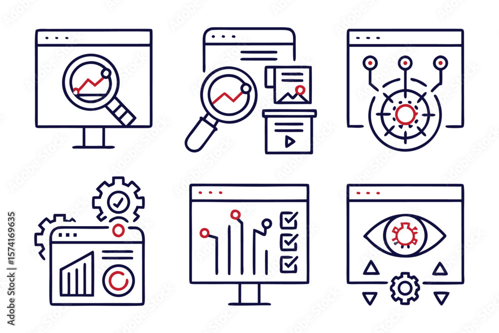 Poster comprehensive collection of modern line art web interface elements featuring a prominent magnifying 