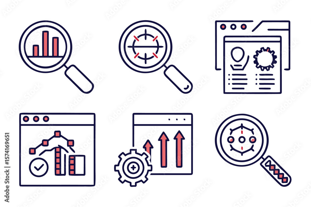 Poster comprehensive collection of clean modern line art symbols for digital interfaces featuring a magnify