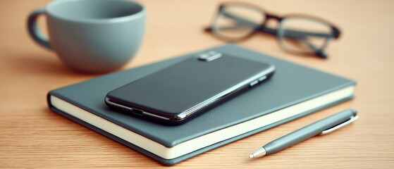 Workspace setup smartphone notebook and accessories on wooden desk minimalist environment close-up view productivity concept