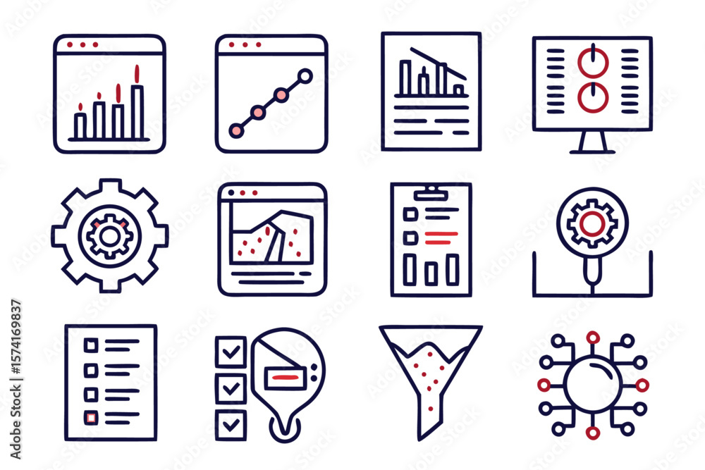 Poster comprehensive collection of thirty distinct line based graphical elements representing various data 