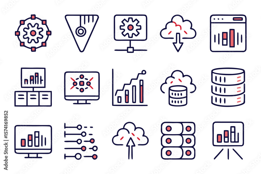 Poster collection of thirty minimalist line graphics representing data concepts featuring twelve distinct e