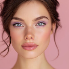 Fototapeta premium beautiful woman with blue eyes, in pastel pink background 