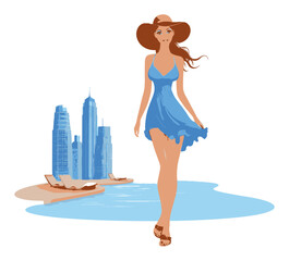 Stylish Woman in Blue Dress Walking by Urban Beach Scene Vector Art