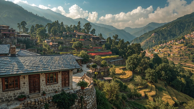 A picturesque Himachali village with slate-roofed homes, carved wooden doors, stone walls, and terraced fields—bathed in golden light amid lush Himalayan slopes and drifting clouds.