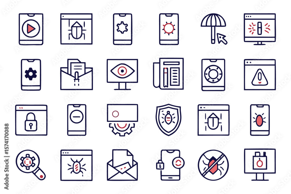 Fototapete Collection of modern outline symbols representing various software applications and digital tools for user interface design and development projects