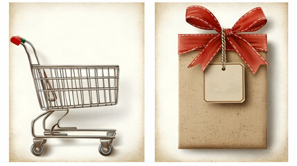 Shopping cart and gift package; online shopping; sale;  ecommerce; marketing