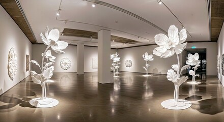 Artistic White Floral Sculptures in Contemporary Gallery