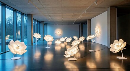 Elegant White Flower Sculptures in a Modern Art Gallery