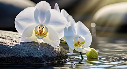 Delicate White Orchid on Grey Rock Near Tranquil Water