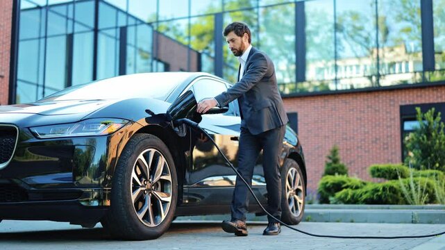 Stylish businessman in a smart suit disconnecting a charging cable from his sleek black electric car. The efficient male confidently finishes charging outdoors in front of a modern building.