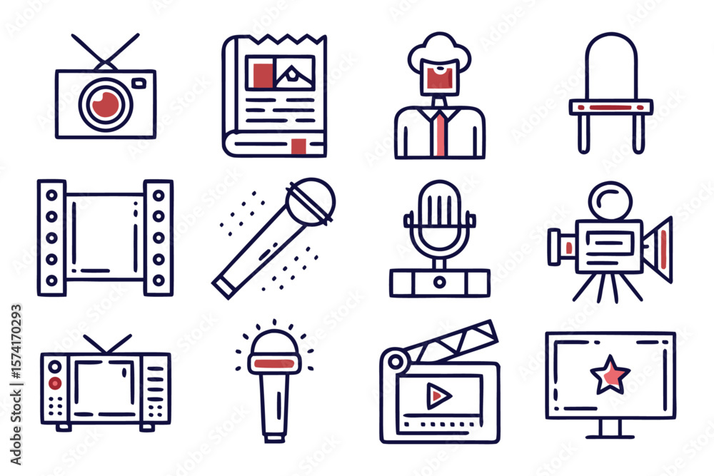 Poster collection of modern line graphics representing mass media concepts and communication elements