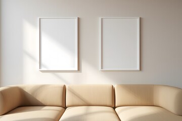 Modern living room with a beige sofa and two empty white frames bathed in natural sunlight
