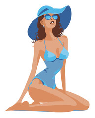 Stylish Woman in Blue Swimwear with Hat and Sunglasses in Vector Art