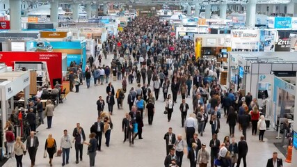 Busy Trade Show Floor: A high-angle view captures the bustling energy of a large trade show floor, filled with numerous attendees moving between diverse exhibit booths. - Powered by Adobe