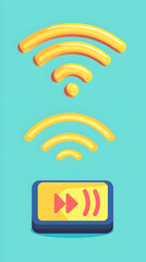 Fast Wi-Fi internet connection speed, streaming media button, blue background; for website or app design