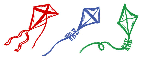 Flying Kite Crayon Chalk Drawing Vector Set