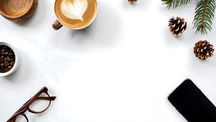 Fototapeta premium Cozy Winter Workspace: Latte Art, Pine Cones, Coffee Beans, Glasses, Smartphone