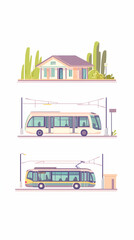 Suburban transit Electric bus and trolley at station near house.  Useful for transportation guides, city planning websites