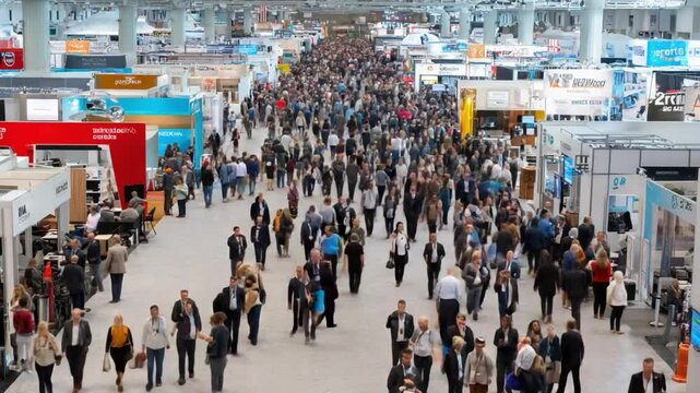 Busy Trade Show Floor: A high-angle view captures the bustling energy of a large trade show floor, filled with numerous attendees moving between diverse exhibit booths.