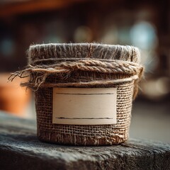 Burlap Sack with Blank Label, Rustic Packaging, Organic Product, Mockup, Natural Light