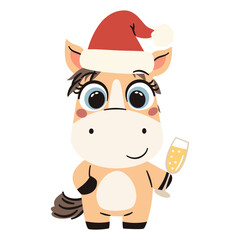 Flat vector Christmas vector illustration in simple childish style. Cute horse holding a champagne glass wearing a Santa Claus hat. Symbol of 2026. Vector illustration