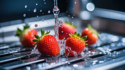 Fresh strawberries being washed under a stream of clear water in a sink