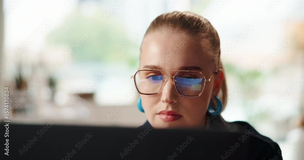 Poster computer reflection, reading and business woman in office for editing, copywriting and research. tec