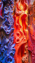 Colorful abstract art sculpture detail, vibrant hues, intricate design, textured surface, gallery display
