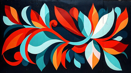 Colorful abstract floral mural art on a dark wall; city background, ideal for design or home decor
