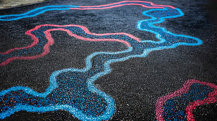 Colorful painted paths on wet asphalt, urban street art, background city texture, for design or background use
