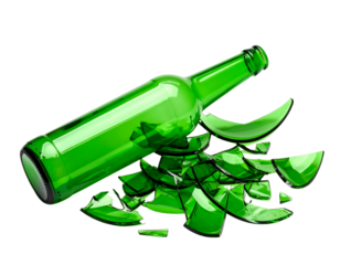  Broken Green Beer Bottle with Jagged Neck, Diagonal Fragment Layout, Isolated on White Background PNG