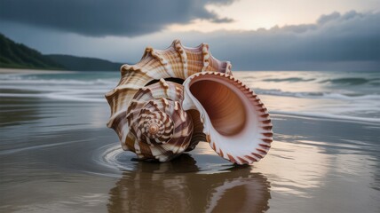 Exquisite spiral seashell resting on a wet sandy beach with gentle waves