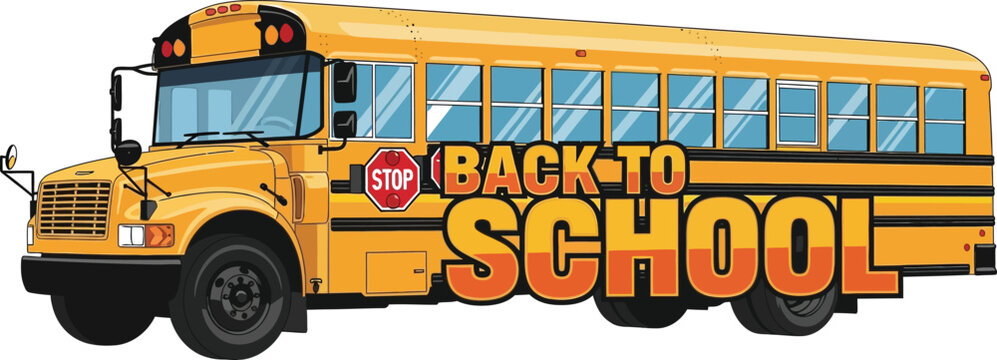 A yellow school bus with back to school text and a stop sign illustration