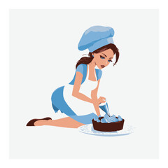 Playful Cartoon Chef Decorating a Cake with Blue Icing
