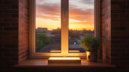 Cozy windowsill with potted plant and glowing light against sunset cityscape view