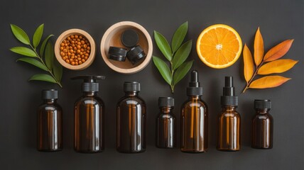 Amber glass bottles with natural ingredients and colorful leaves on a shelf