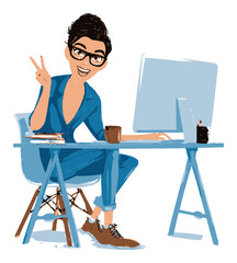 Happy Young Woman Working at Desk with Computer in Modern Office