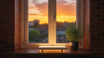 Cozy windowsill with potted plant and glowing light against sunset cityscape view