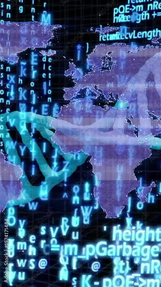 Poster dna strands and binary coding animation over world map