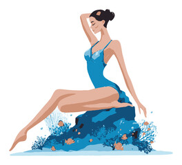 Elegant Woman in Swimwear Surrounded by Marine Life in Vector Art