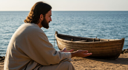 Fototapeta premium Jesus Christ talking by the boat on the seashore. Gospel plot concept for Christian theme.