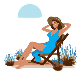 Relaxing Woman in Sun Hat on Deck Chair with Blue and Brown Design