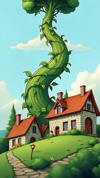 A hand-drawn giant beanstalk rising into the clouds with tiny houses below, inspired by Jack and the Beanstalk.
