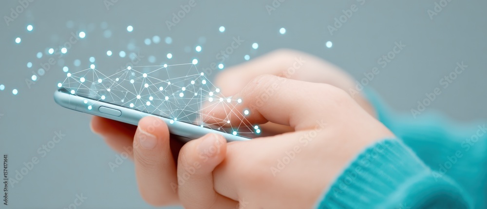 Poster engaging with mobile technology a user's hand interacting with a smartphone digital environment clos